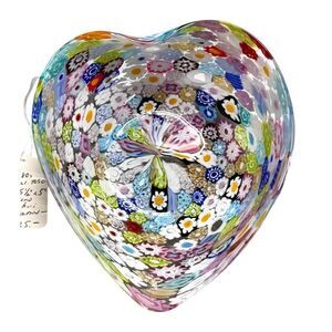 1980s Fratelli Toso Murano Millefiori Heart Glass Bowl Trinket Jewelry Dish VTG